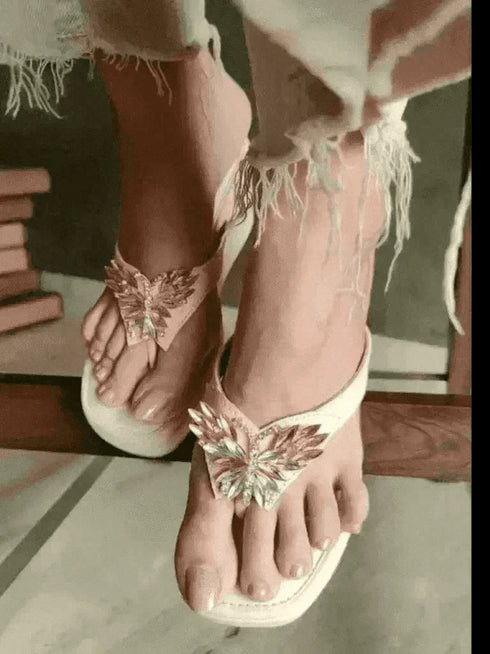 Salmon Pink Butterfly Jewelled Wedges - cunei